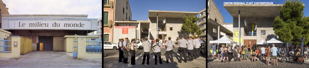 Façade du centre d'art, en 1993 avant sa réhabilitation (photo Crac Occitanie), en 2007 (photo Marc Domage) et en 2021 (photo Cyril Boixel).