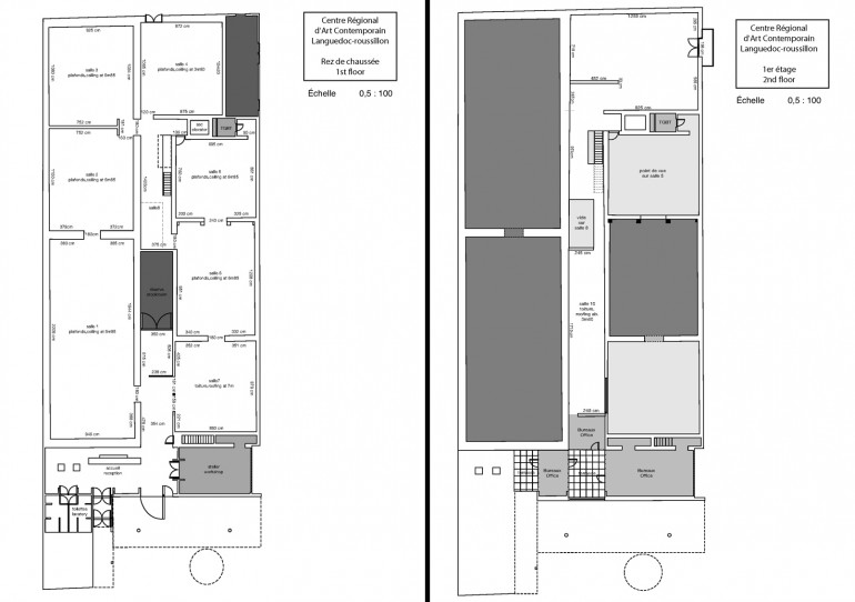 Plans d'origine du rez-de-chaussée et du 1er étage du Crac Occitanie.